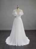 Deep V Lace A Line Wedding Dress, Flutter Short Sleeve Tulle Bridal Gown, Romantic Floral Lace Wedding Gown with Train