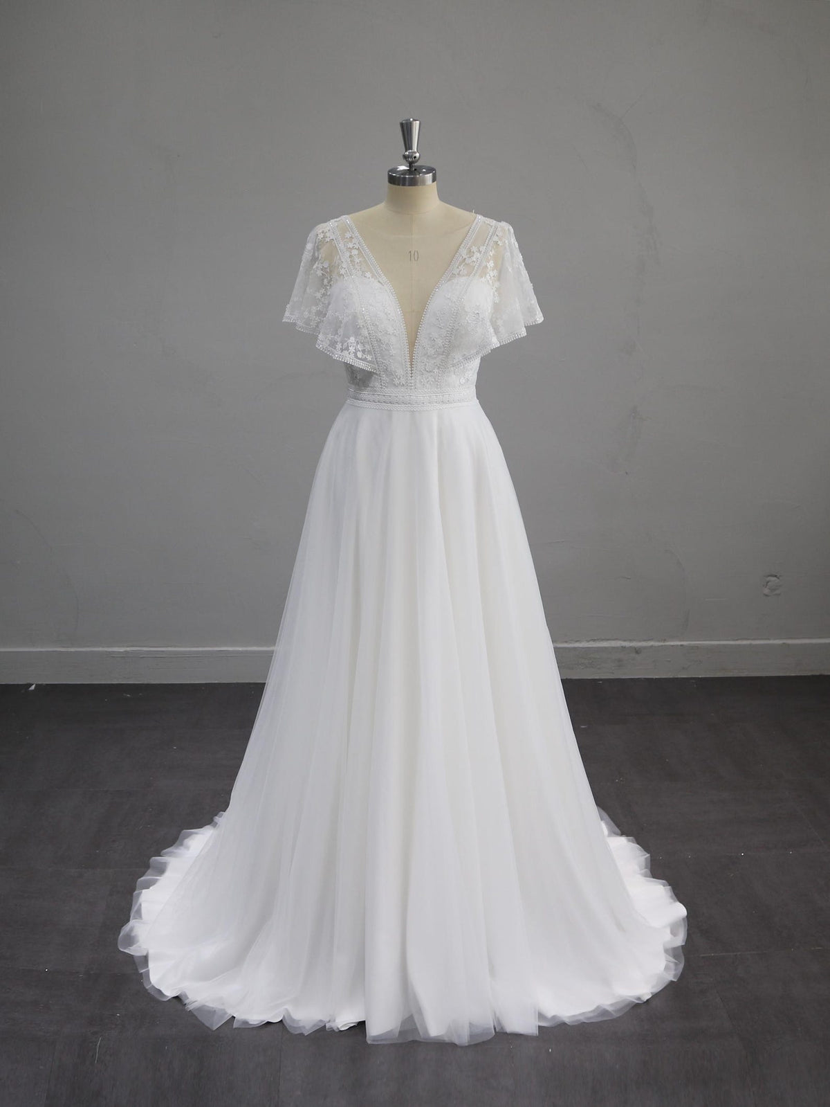 Deep V Lace A Line Wedding Dress, Flutter Short Sleeve Tulle Bridal Gown, Romantic Floral Lace Wedding Gown with Train