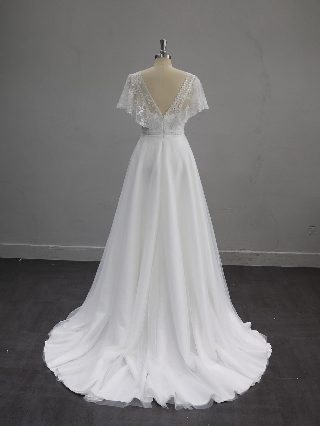 Deep V Lace A Line Wedding Dress, Flutter Short Sleeve Tulle Bridal Gown, Romantic Floral Lace Wedding Gown with Train