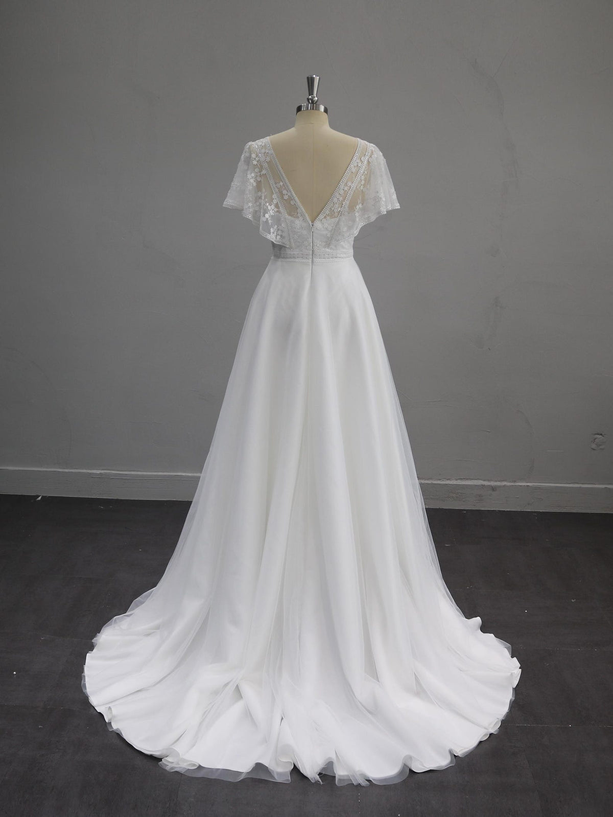 Deep V Lace A Line Wedding Dress, Flutter Short Sleeve Tulle Bridal Gown, Romantic Floral Lace Wedding Gown with Train