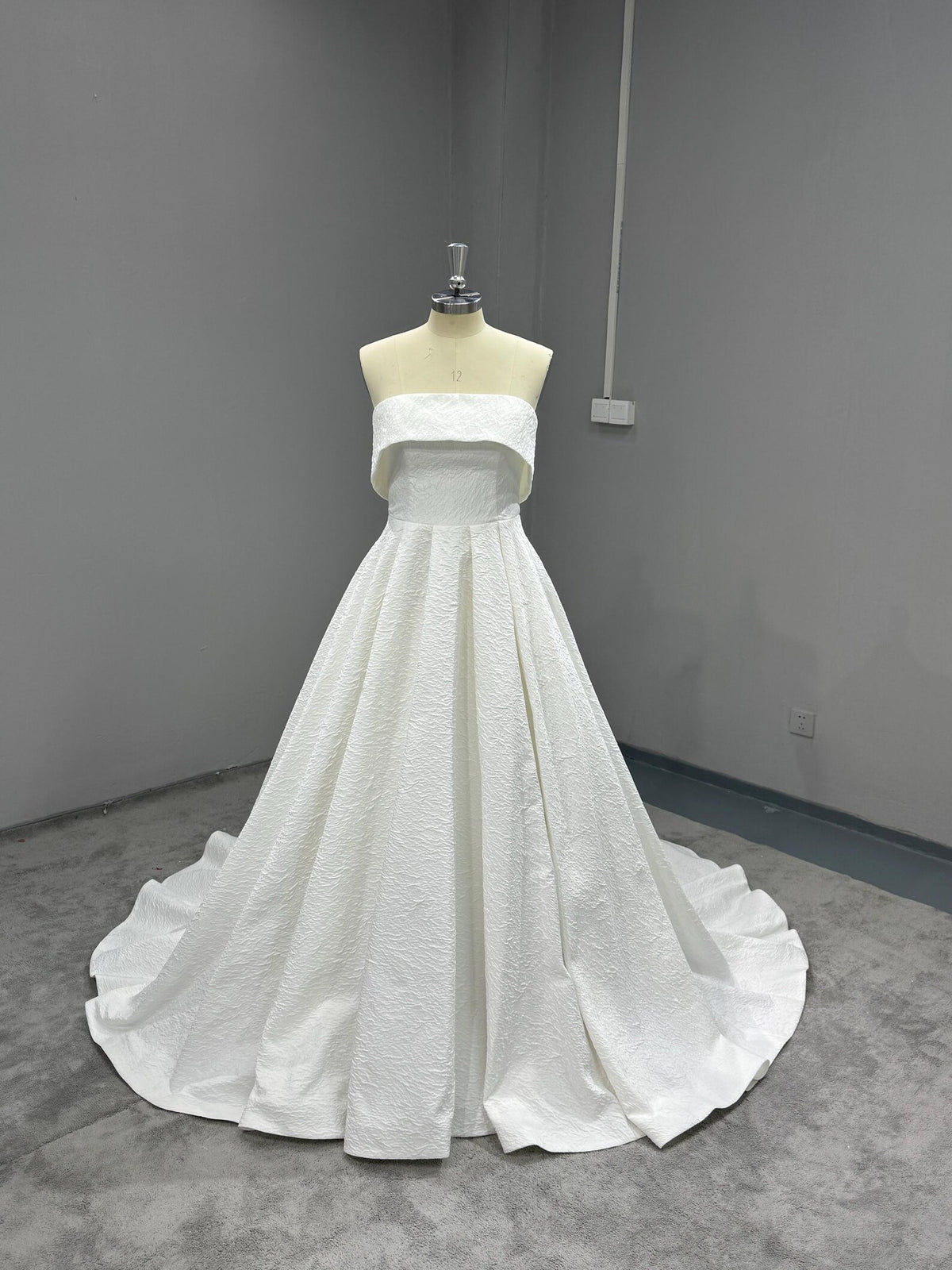 Strapless Textured Satin Ball Gown Wedding Dress, Fold Over Neckline Bridal Gown, Minimalist Wedding Gown with Train