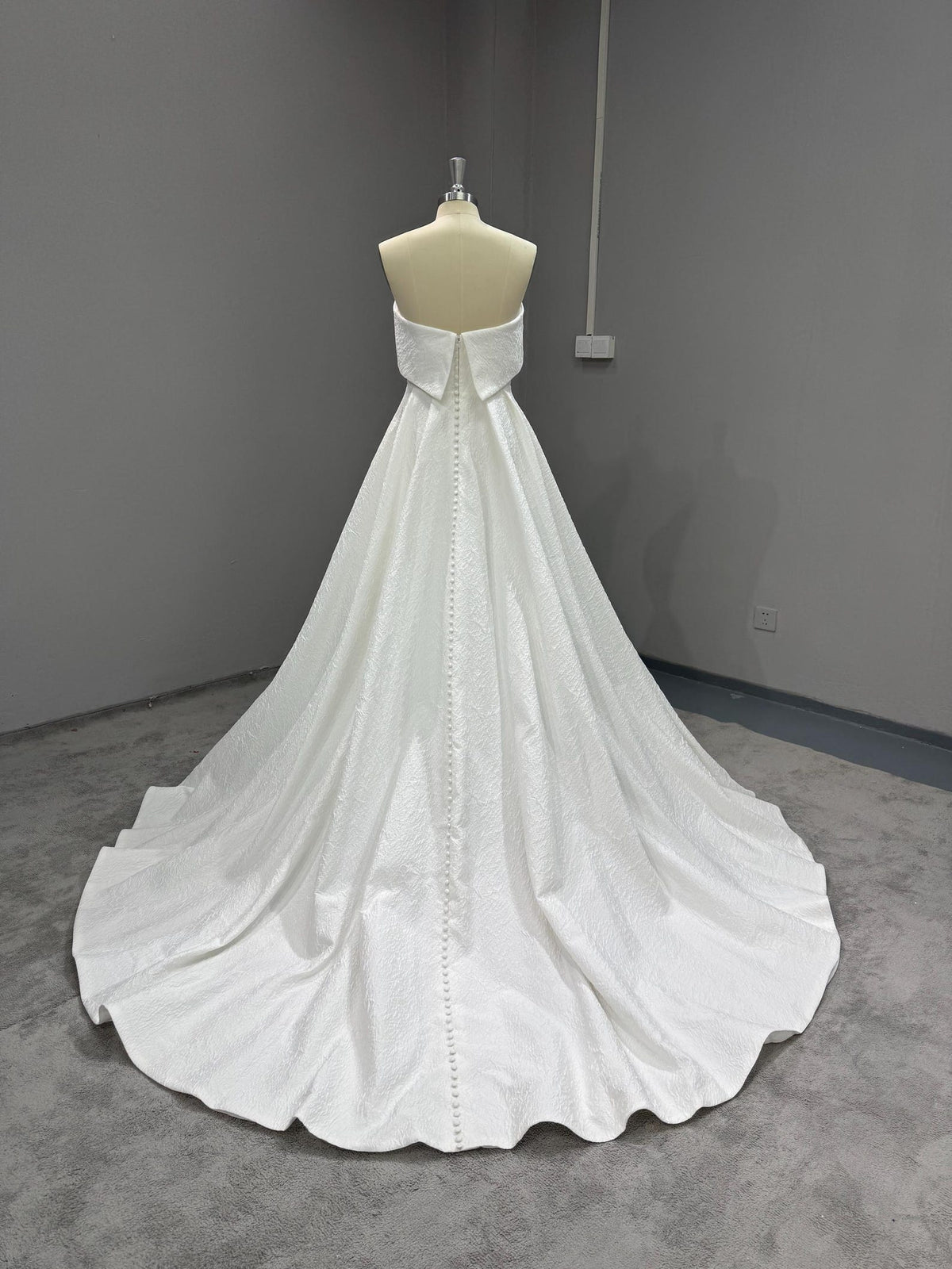 Strapless Textured Satin Ball Gown Wedding Dress, Fold Over Neckline Bridal Gown, Minimalist Wedding Gown with Train