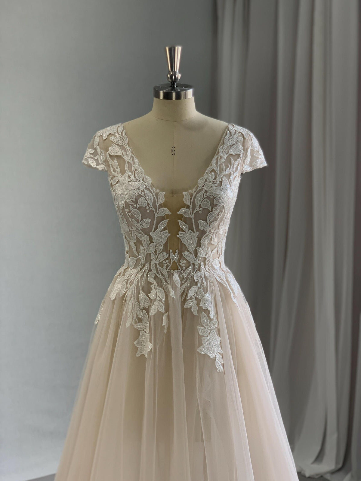 V Neck Cap Sleeve Lace A Line Wedding Dress, Nude Tulle Slit Bridal Gown, Floral Lace Applique Wedding Gown with Train