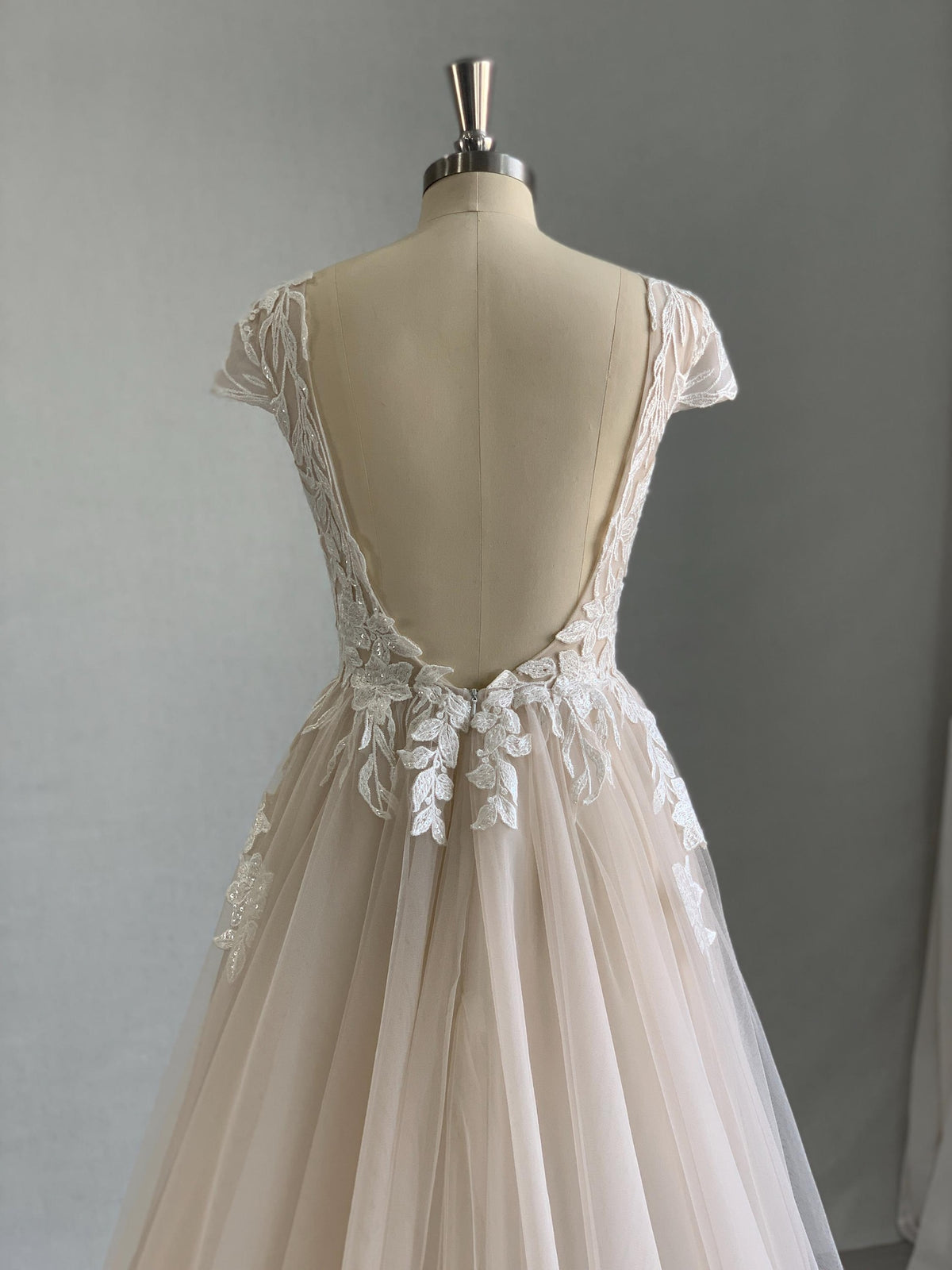 V Neck Cap Sleeve Lace A Line Wedding Dress, Nude Tulle Slit Bridal Gown, Floral Lace Applique Wedding Gown with Train