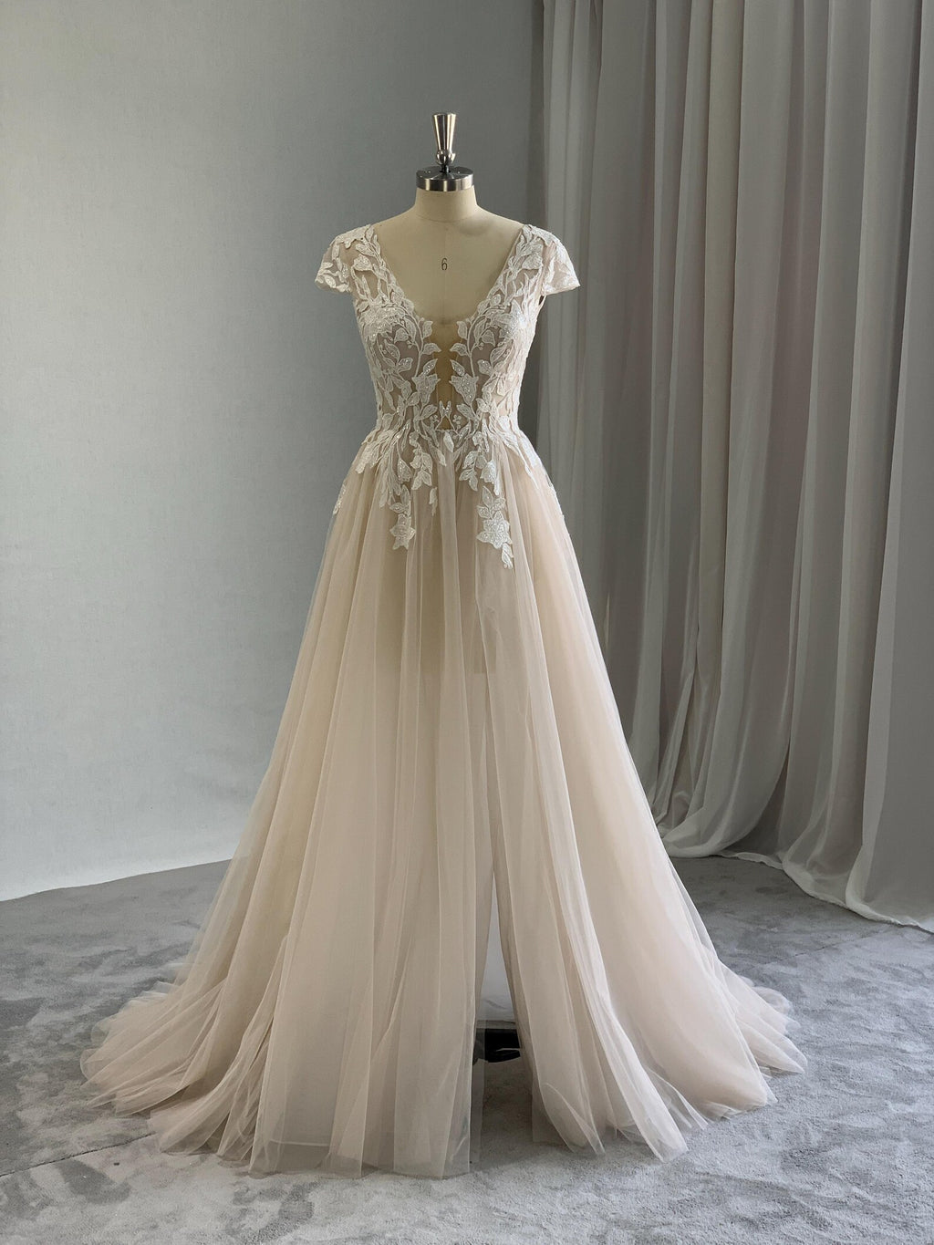 V Neck Cap Sleeve Lace A Line Wedding Dress, Nude Tulle Slit Bridal Gown, Floral Lace Applique Wedding Gown with Train