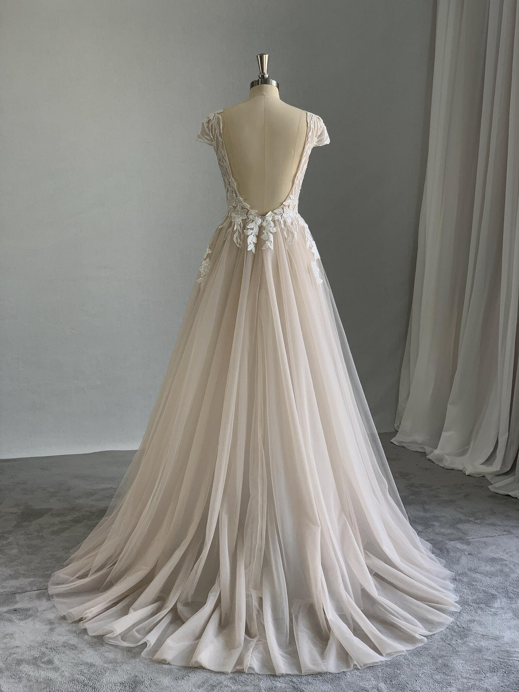 V Neck Cap Sleeve Lace A Line Wedding Dress, Nude Tulle Slit Bridal Gown, Floral Lace Applique Wedding Gown with Train