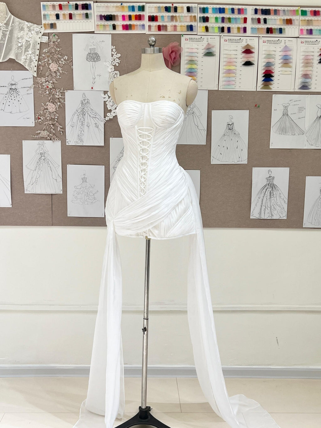 Strapless Corset Mini Wedding Dress with Long Flowy Streamers, Ruched Tulle Bridal Reception Dress, Short Wedding Gown for Elopement