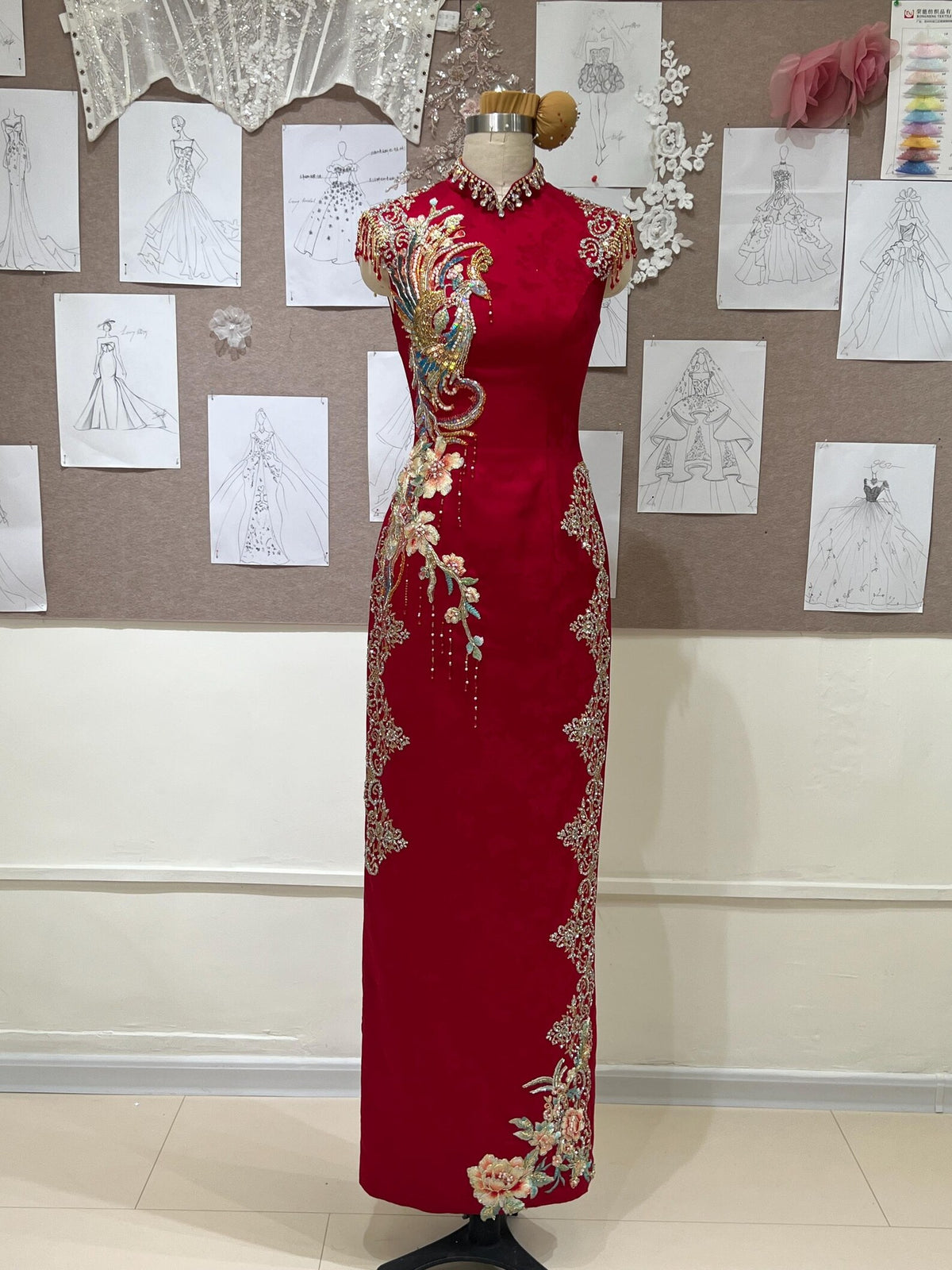Red Phoenix Embroidery Cheongsam, Custom Wedding Qipao, Beaded Chinese Bridal Dress, Formal Evening Gown