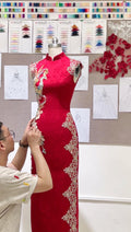 Red Phoenix Embroidery Cheongsam, Custom Wedding Qipao, Beaded Chinese Bridal Dress, Formal Evening Gown