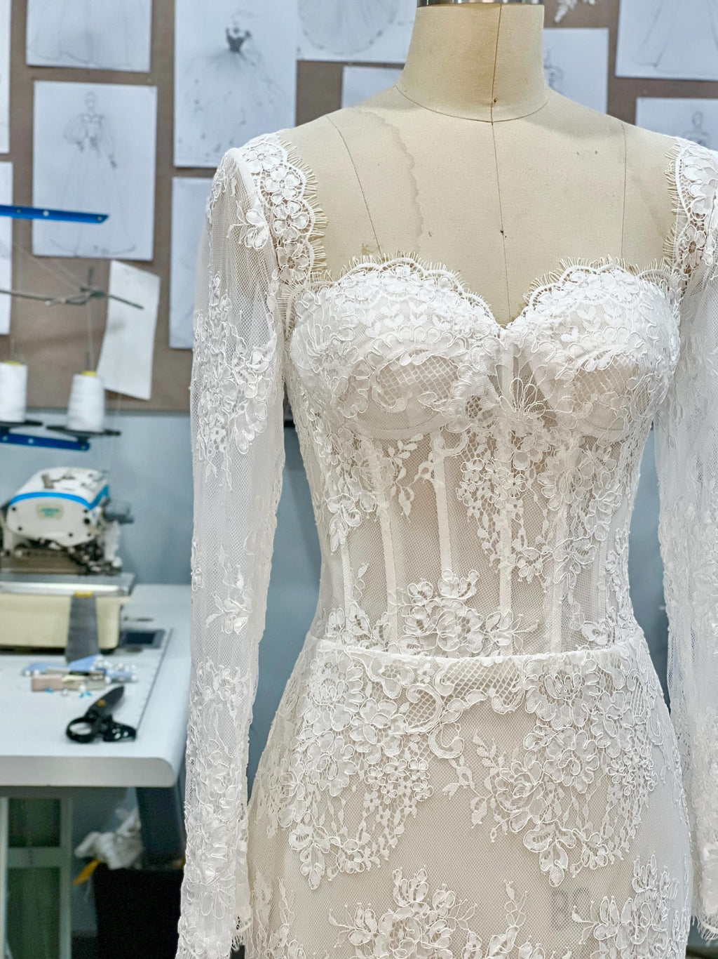Long Sleeve Lace Mermaid Wedding Dress, Sweetheart Corset Bridal Gown, Floral Lace Chapel Train Wedding Gown