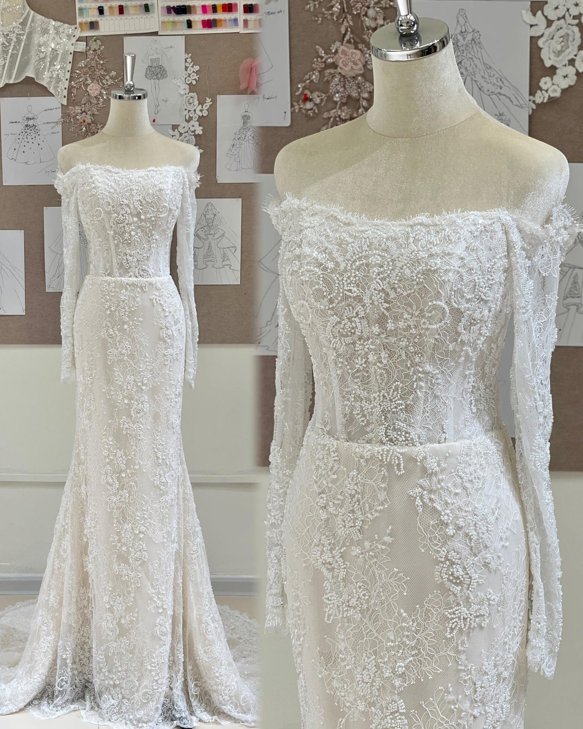 Off Shoulder Lace Mermaid Wedding Dress, Long Sleeve Floral Lace Bridal Gown, Chapel Train Wedding Gown