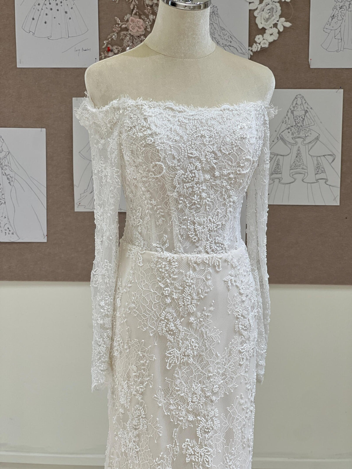Off Shoulder Lace Mermaid Wedding Dress, Long Sleeve Floral Lace Bridal Gown, Chapel Train Wedding Gown