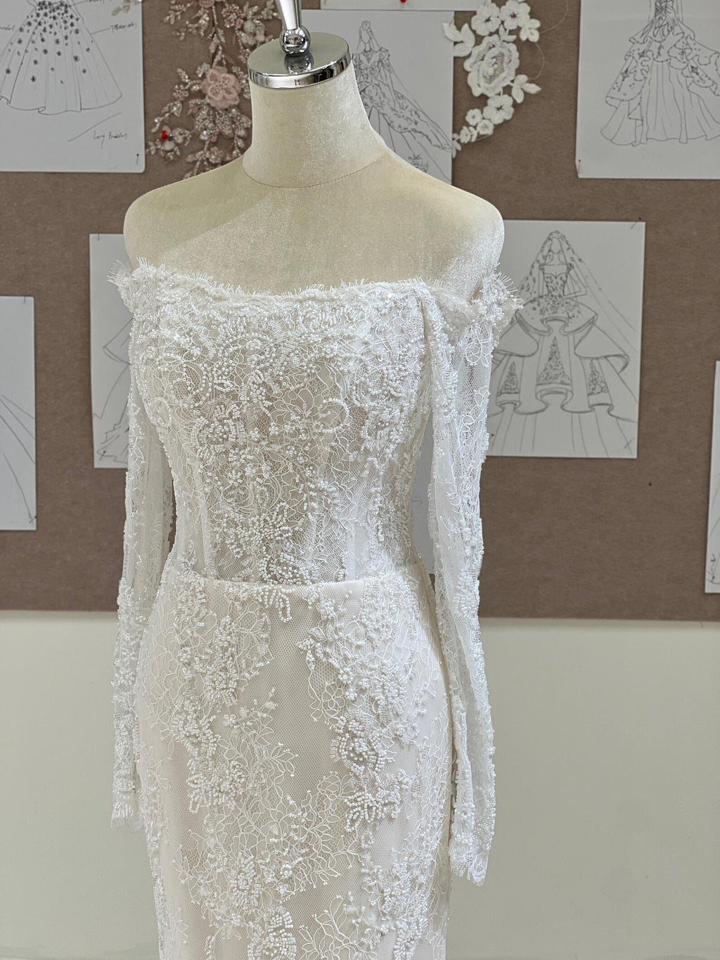 Off Shoulder Lace Mermaid Wedding Dress, Long Sleeve Floral Lace Bridal Gown, Chapel Train Wedding Gown