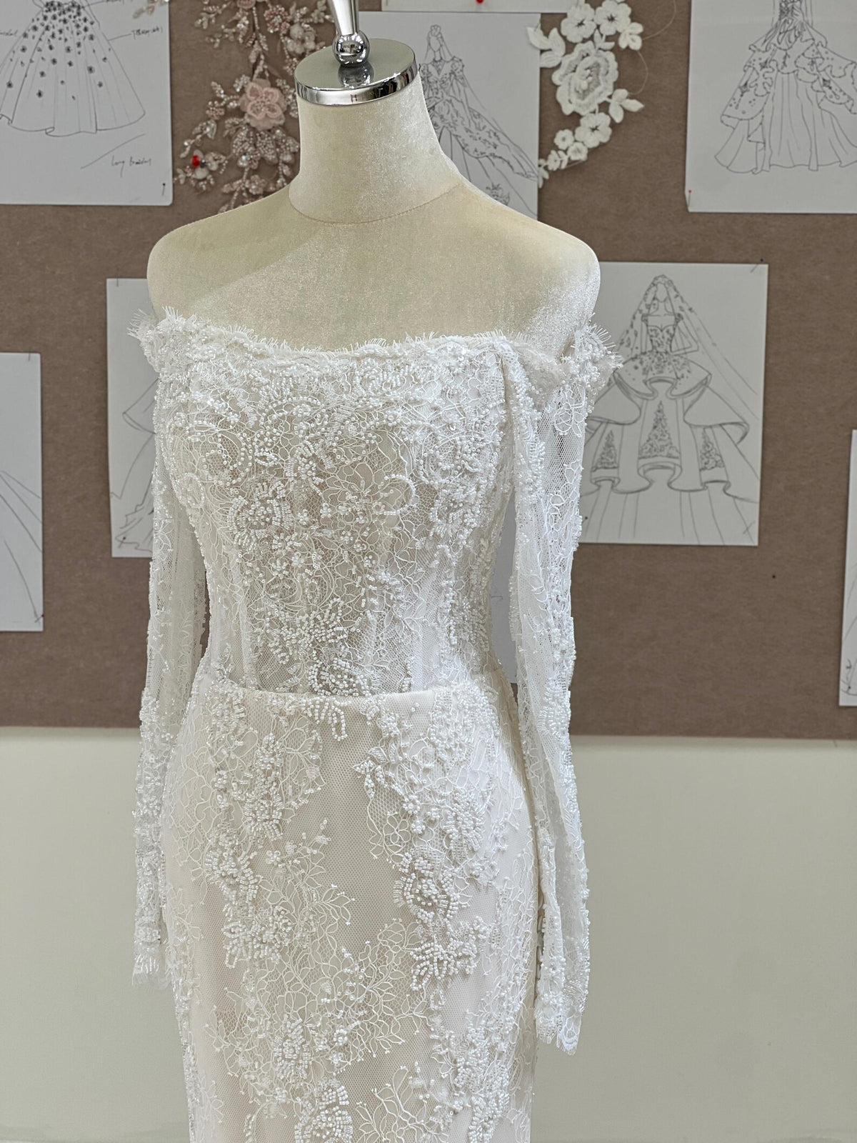 Off Shoulder Lace Mermaid Wedding Dress, Long Sleeve Floral Lace Bridal Gown, Chapel Train Wedding Gown