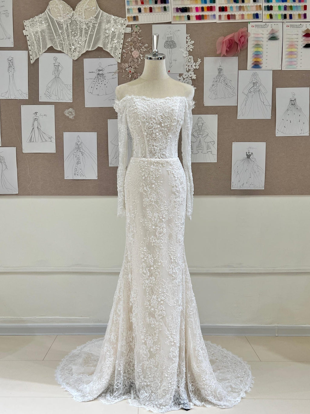 Off Shoulder Lace Mermaid Wedding Dress, Long Sleeve Floral Lace Bridal Gown, Chapel Train Wedding Gown