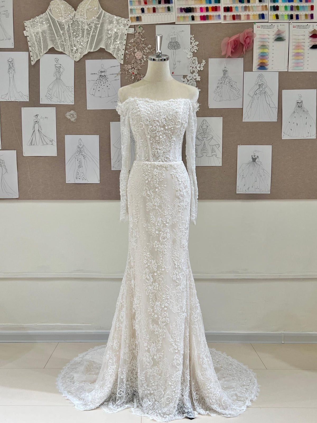Off Shoulder Lace Mermaid Wedding Dress, Long Sleeve Floral Lace Bridal Gown, Chapel Train Wedding Gown
