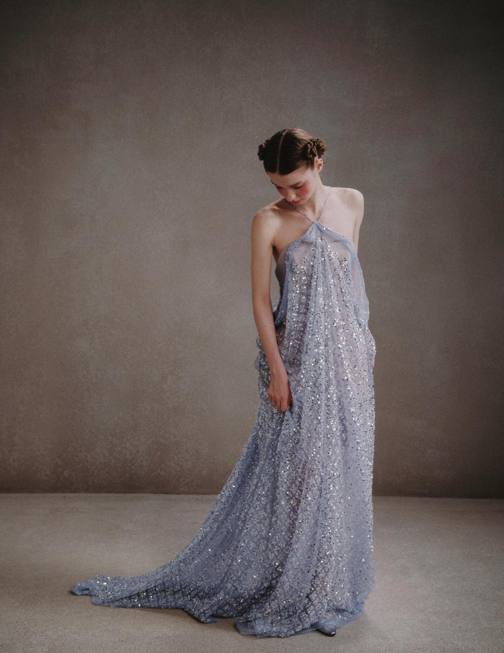Halter Dusty Blue Sequin Evening Gown, Backless Flowy Sparkly Tulle Formal Maxi Dress