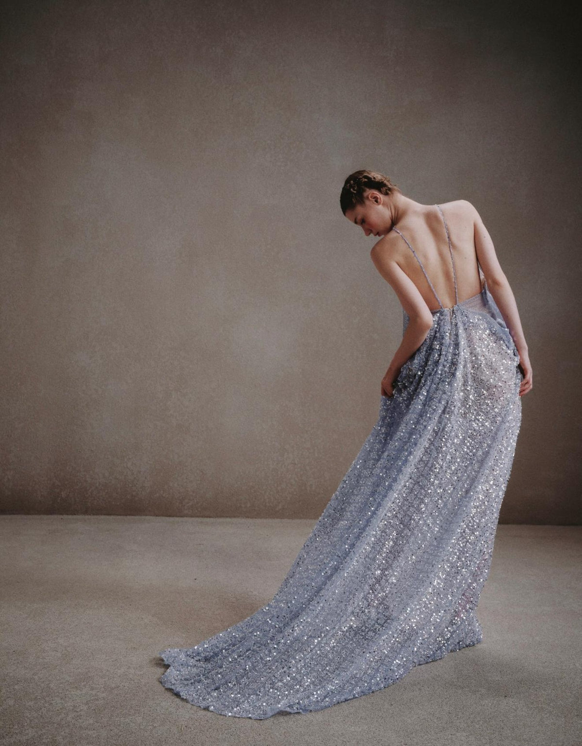 Halter Dusty Blue Sequin Evening Gown, Backless Flowy Sparkly Tulle Formal Maxi Dress