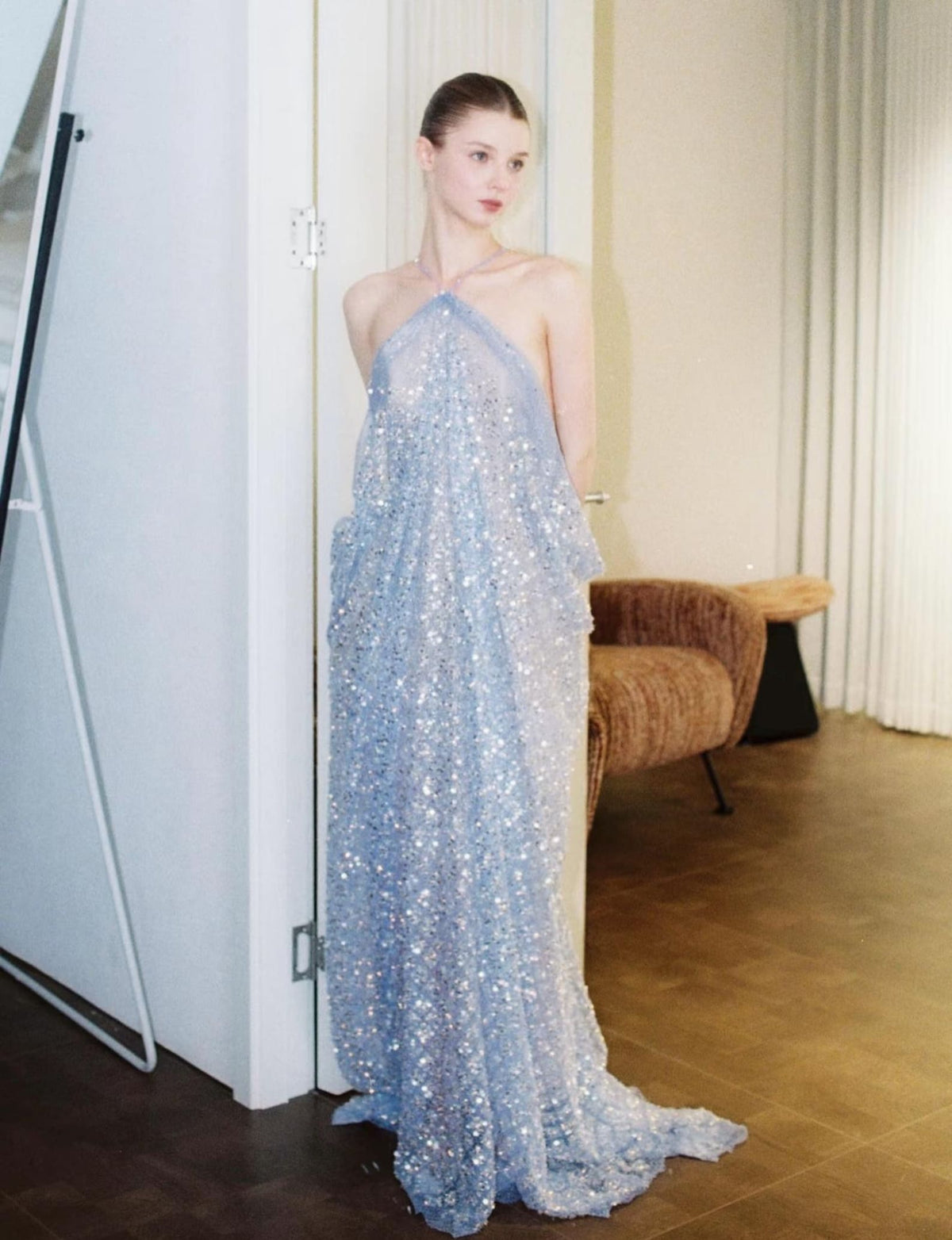 Halter Dusty Blue Sequin Evening Gown, Backless Flowy Sparkly Tulle Formal Maxi Dress