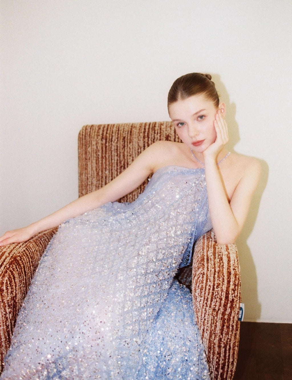 Halter Dusty Blue Sequin Evening Gown, Backless Flowy Sparkly Tulle Formal Maxi Dress