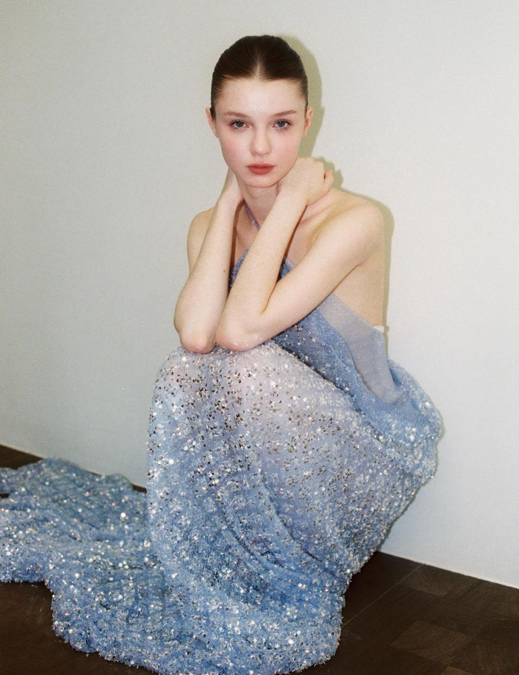 Halter Dusty Blue Sequin Evening Gown, Backless Flowy Sparkly Tulle Formal Maxi Dress