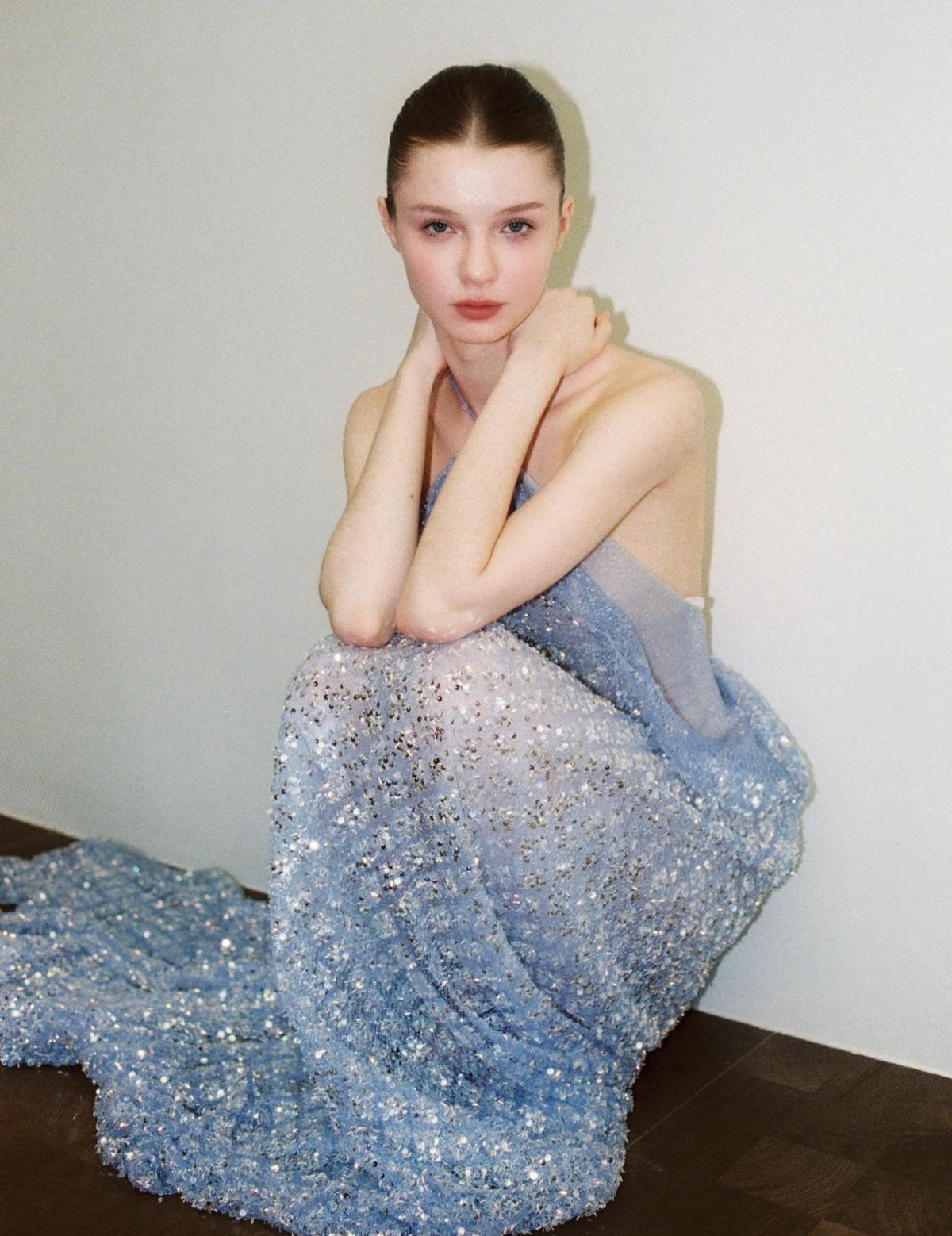 Halter Dusty Blue Sequin Evening Gown, Backless Flowy Sparkly Tulle Formal Maxi Dress