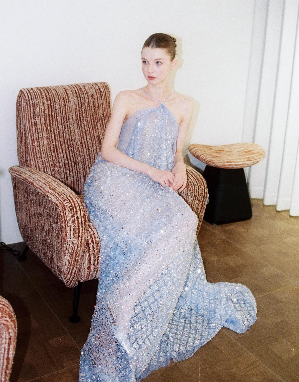 Halter Dusty Blue Sequin Evening Gown, Backless Flowy Sparkly Tulle Formal Maxi Dress
