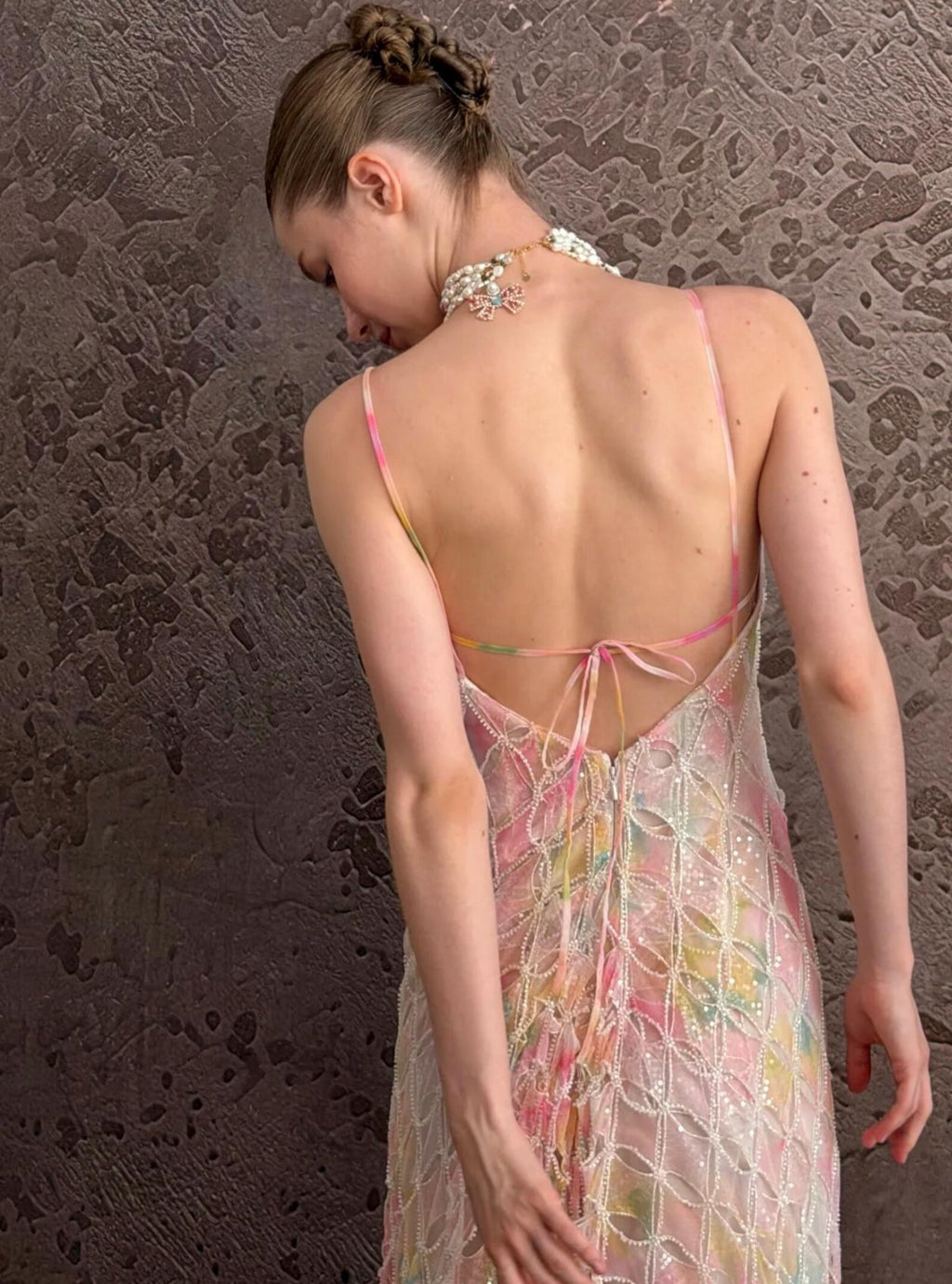 Spaghetti Strap Colorful Lace Mermaid Evening Gown, Pastel Tie‑Dye Sheer Formal Maxi Dress