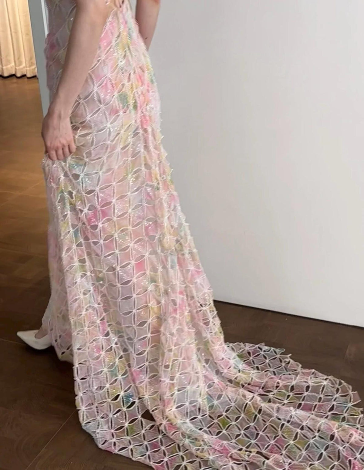 Spaghetti Strap Colorful Lace Mermaid Evening Gown, Pastel Tie‑Dye Sheer Formal Maxi Dress