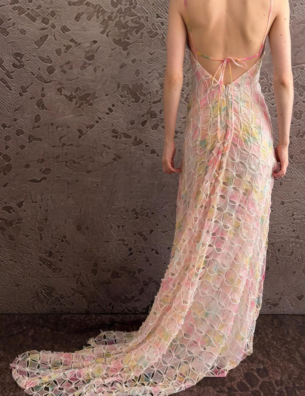 Spaghetti Strap Colorful Lace Mermaid Evening Gown, Pastel Tie‑Dye Sheer Formal Maxi Dress