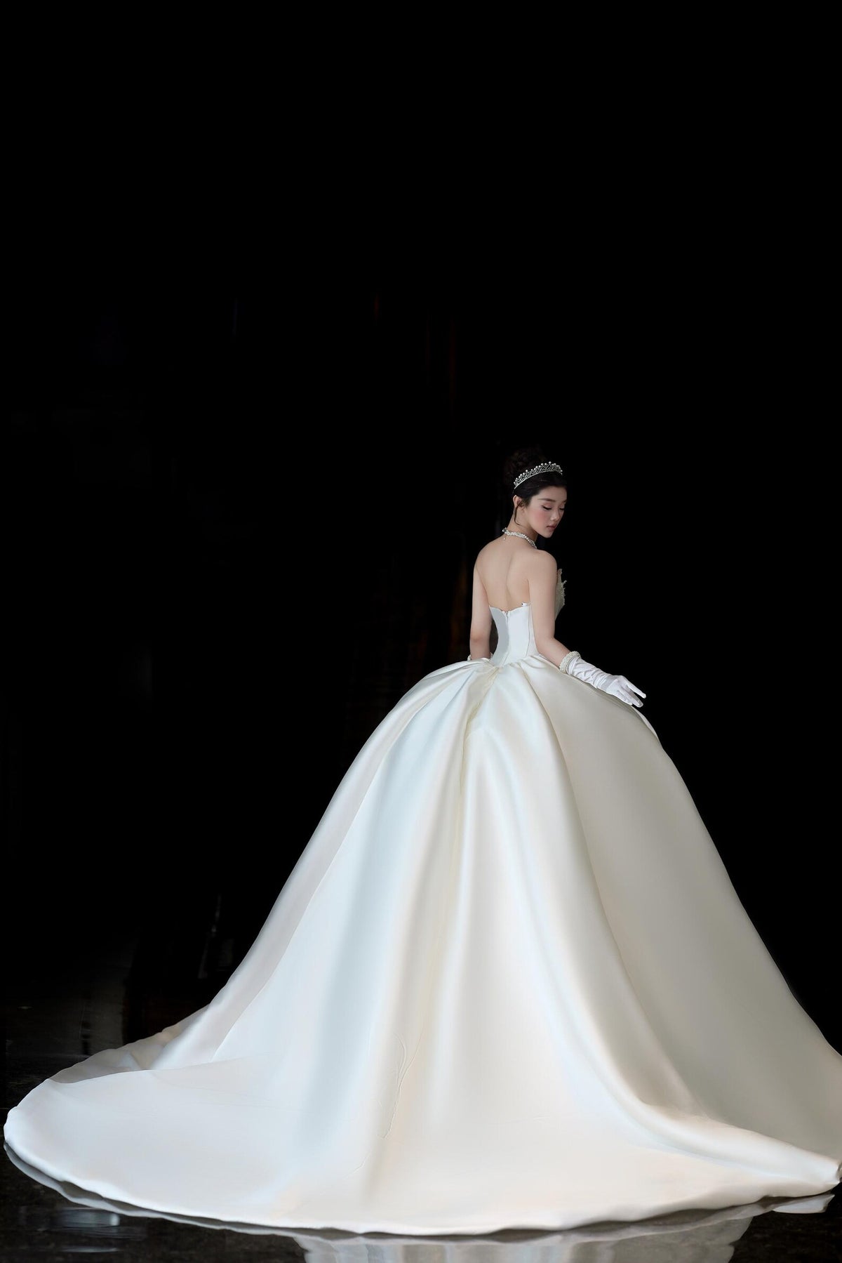 High Neck Long Sleeve Lace Satin Ballgown Wedding Dress, Voluminous Bridal Gown With Train