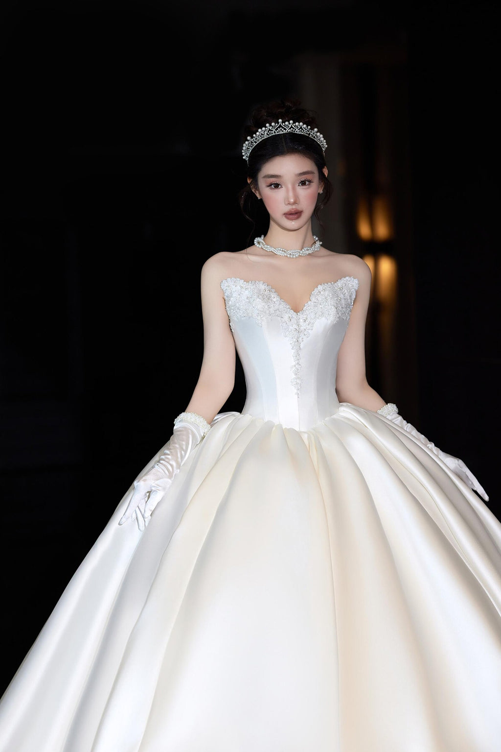 High Neck Long Sleeve Lace Satin Ballgown Wedding Dress, Voluminous Bridal Gown With Train