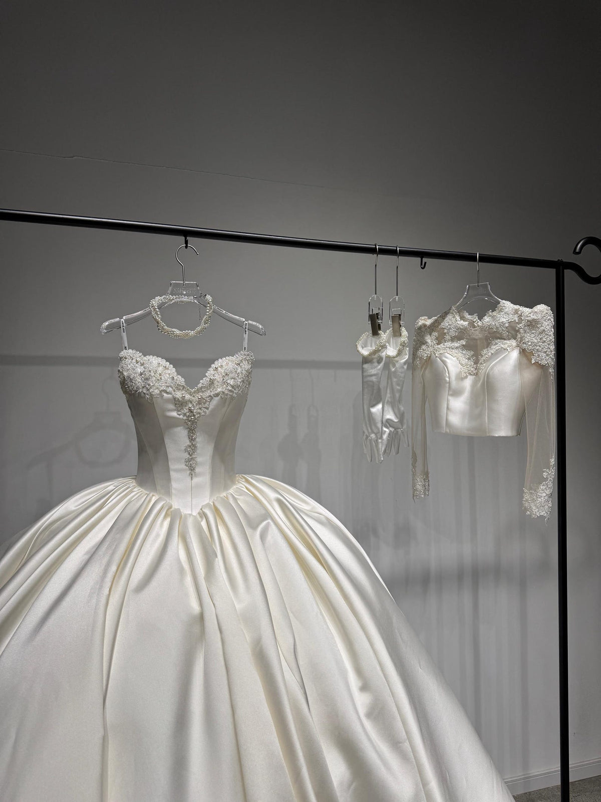 High Neck Long Sleeve Lace Satin Ballgown Wedding Dress, Voluminous Bridal Gown With Train
