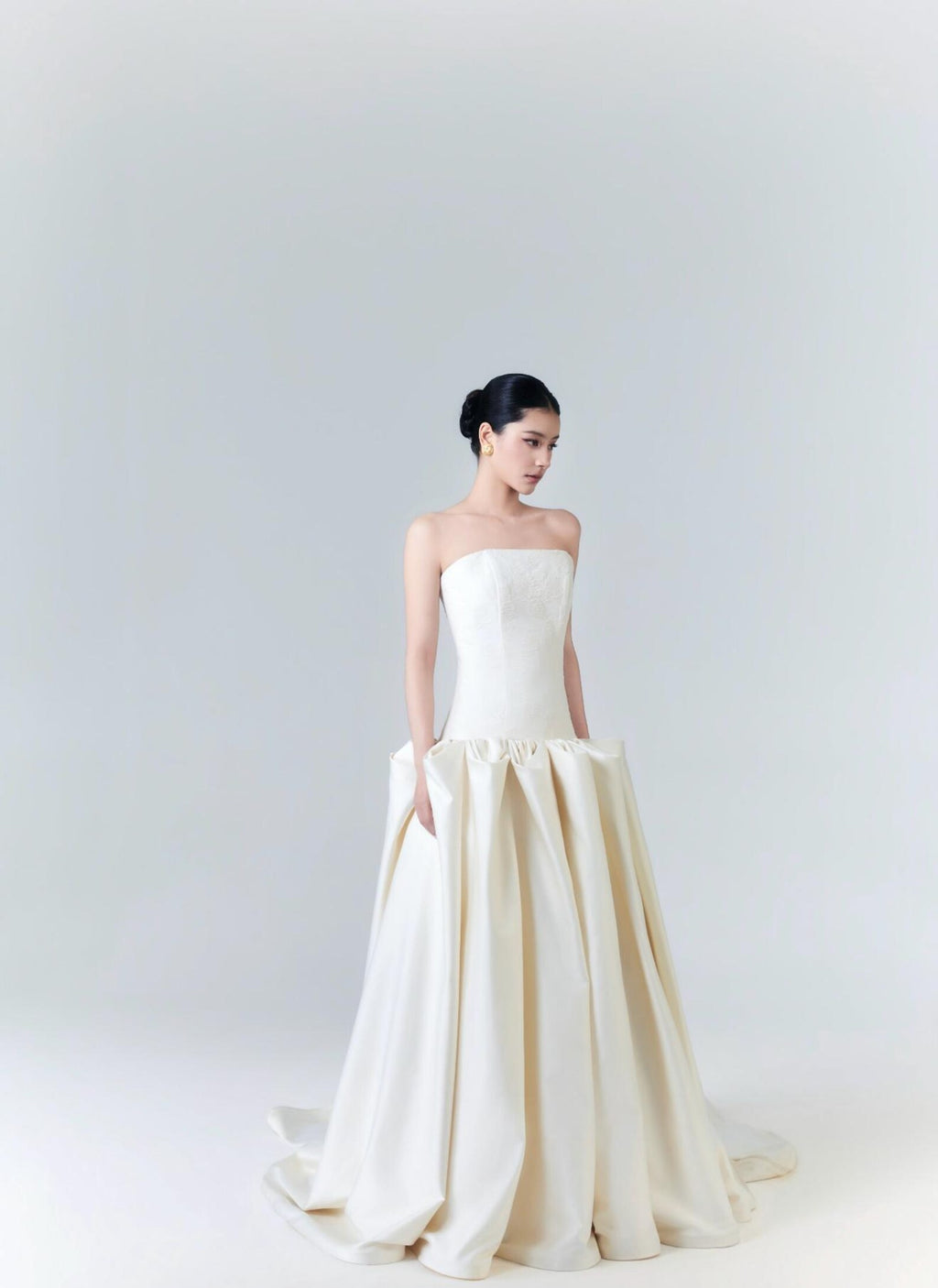 Strapless Jacquard Satin Ballgown Wedding Dress, Minimalist Voluminous Bridal Gown With Train