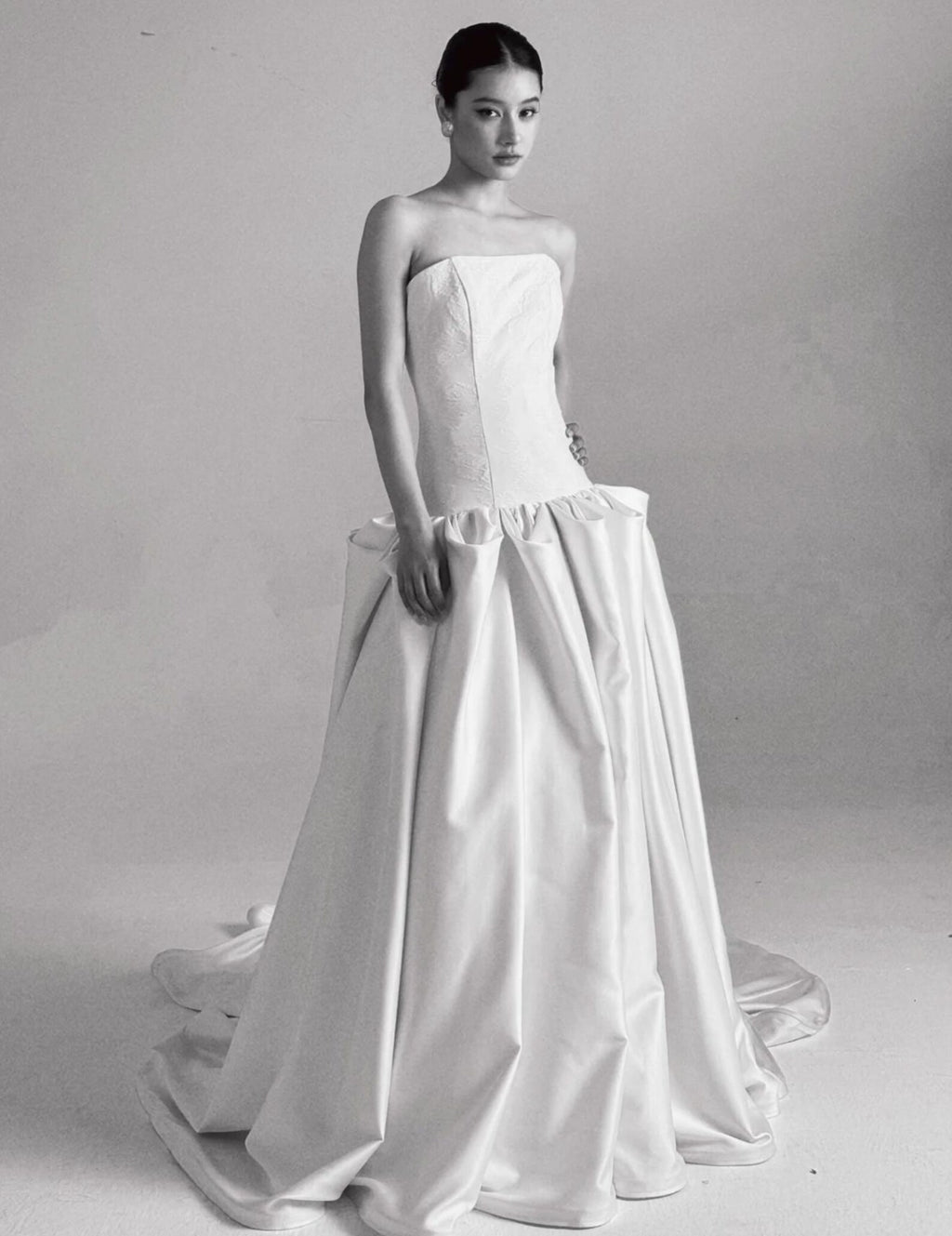 Strapless Jacquard Satin Ballgown Wedding Dress, Minimalist Voluminous Bridal Gown With Train