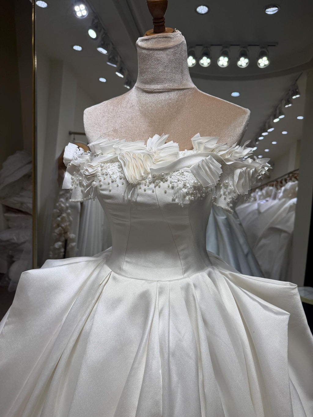 Off Shoulder Satin Wedding Dress, 3D Floral Ball Gown Bridal Gown with Train, Luxury Handmade Wedding Gown