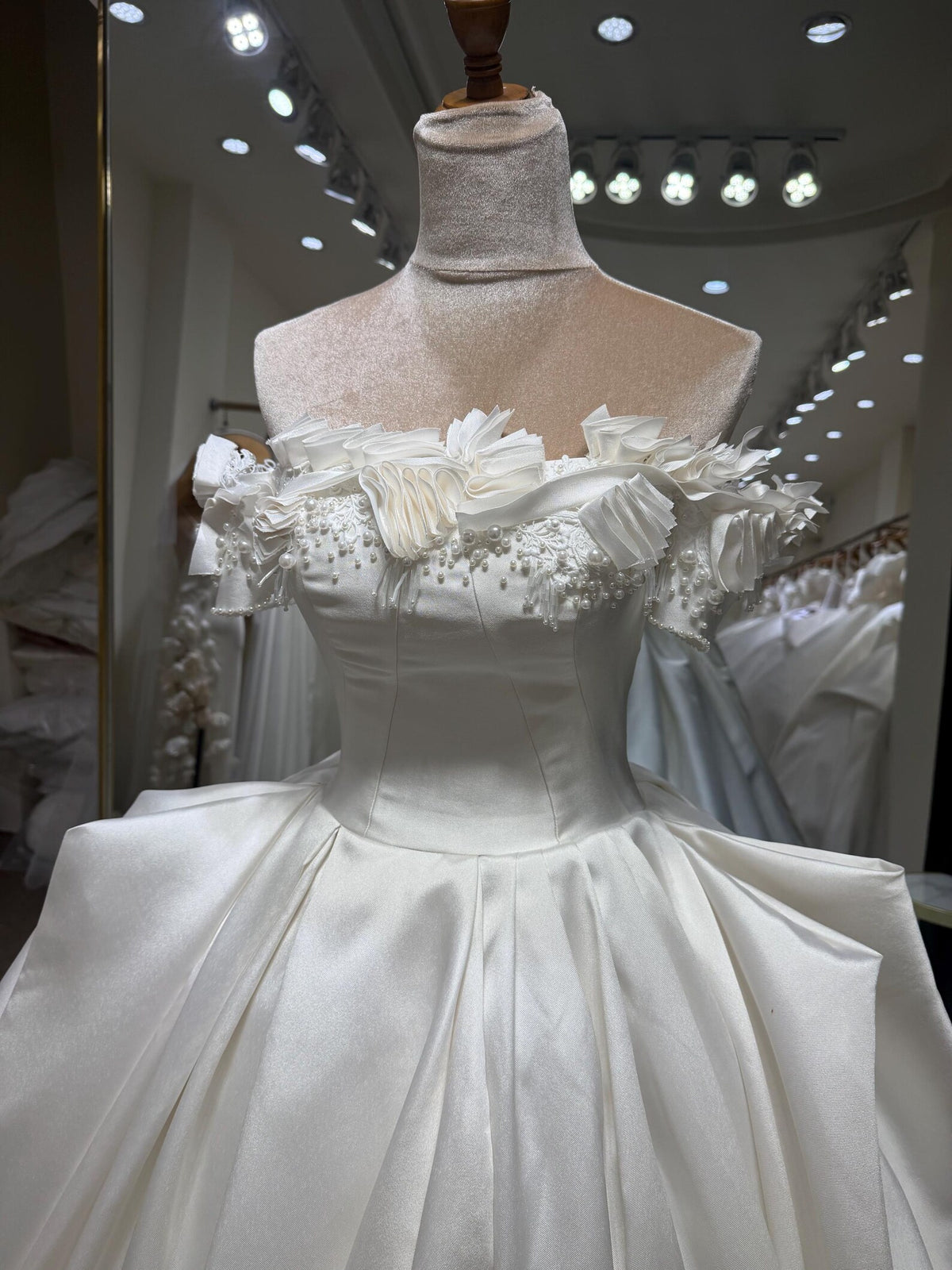 Off Shoulder Satin Wedding Dress, 3D Floral Ball Gown Bridal Gown with Train, Luxury Handmade Wedding Gown