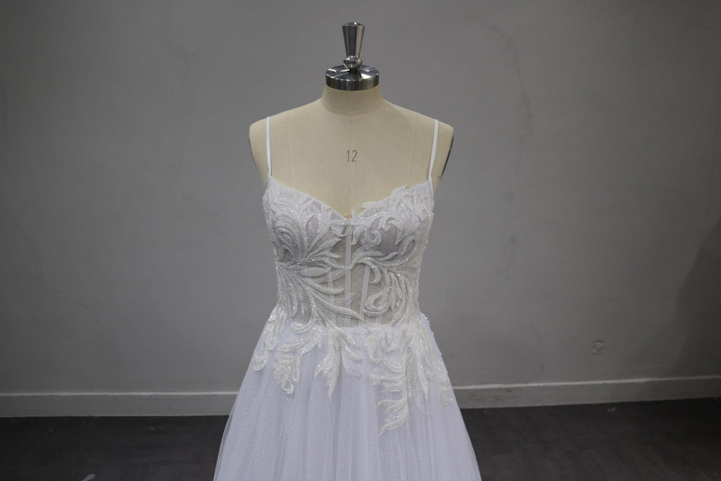 Spaghetti Strap A-Line Wedding Dress, Beaded Lace Bridal Gown, Sheer Bodice Tulle Wedding Dress with Train