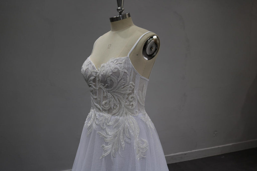 Spaghetti Strap A-Line Wedding Dress, Beaded Lace Bridal Gown, Sheer Bodice Tulle Wedding Dress with Train