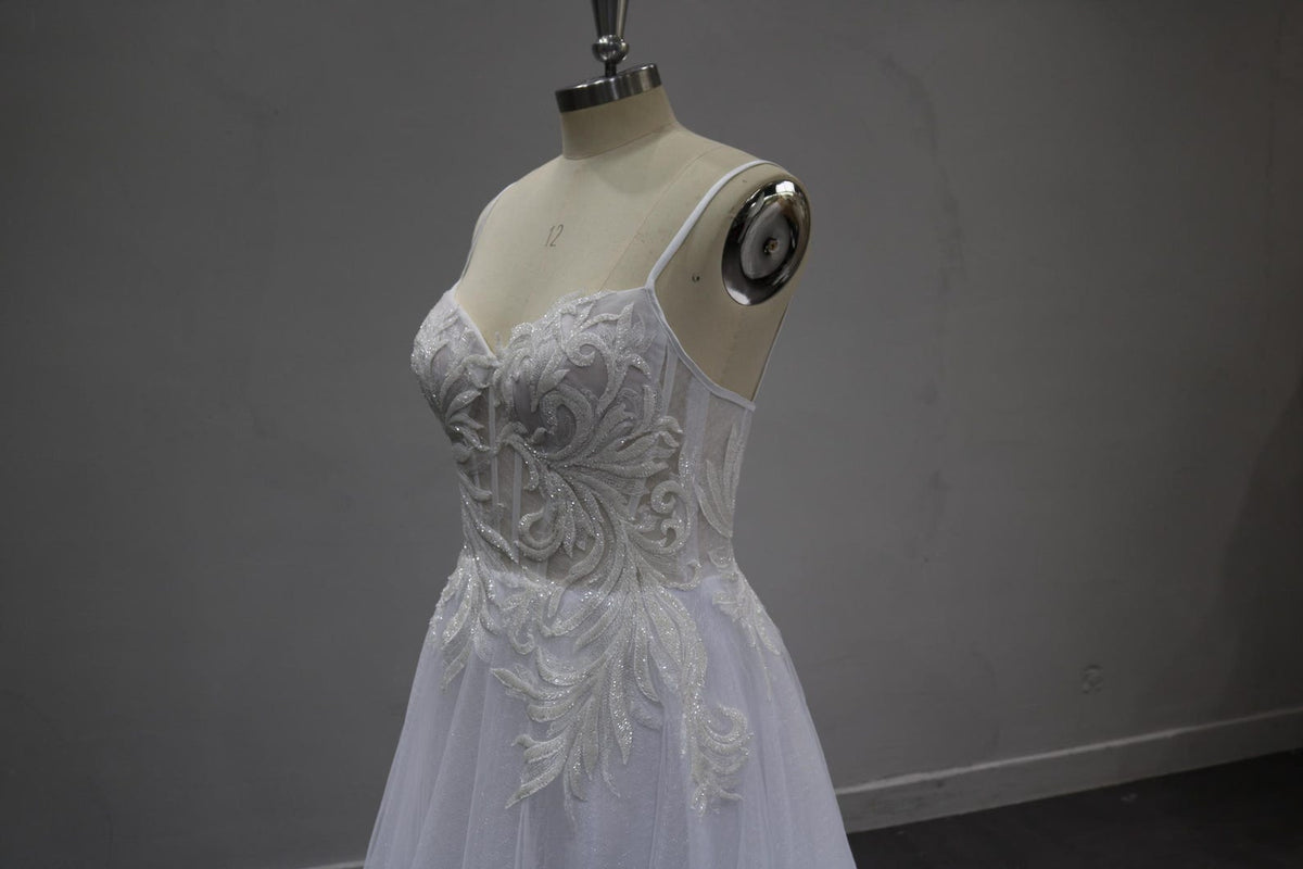 Spaghetti Strap A-Line Wedding Dress, Beaded Lace Bridal Gown, Sheer Bodice Tulle Wedding Dress with Train