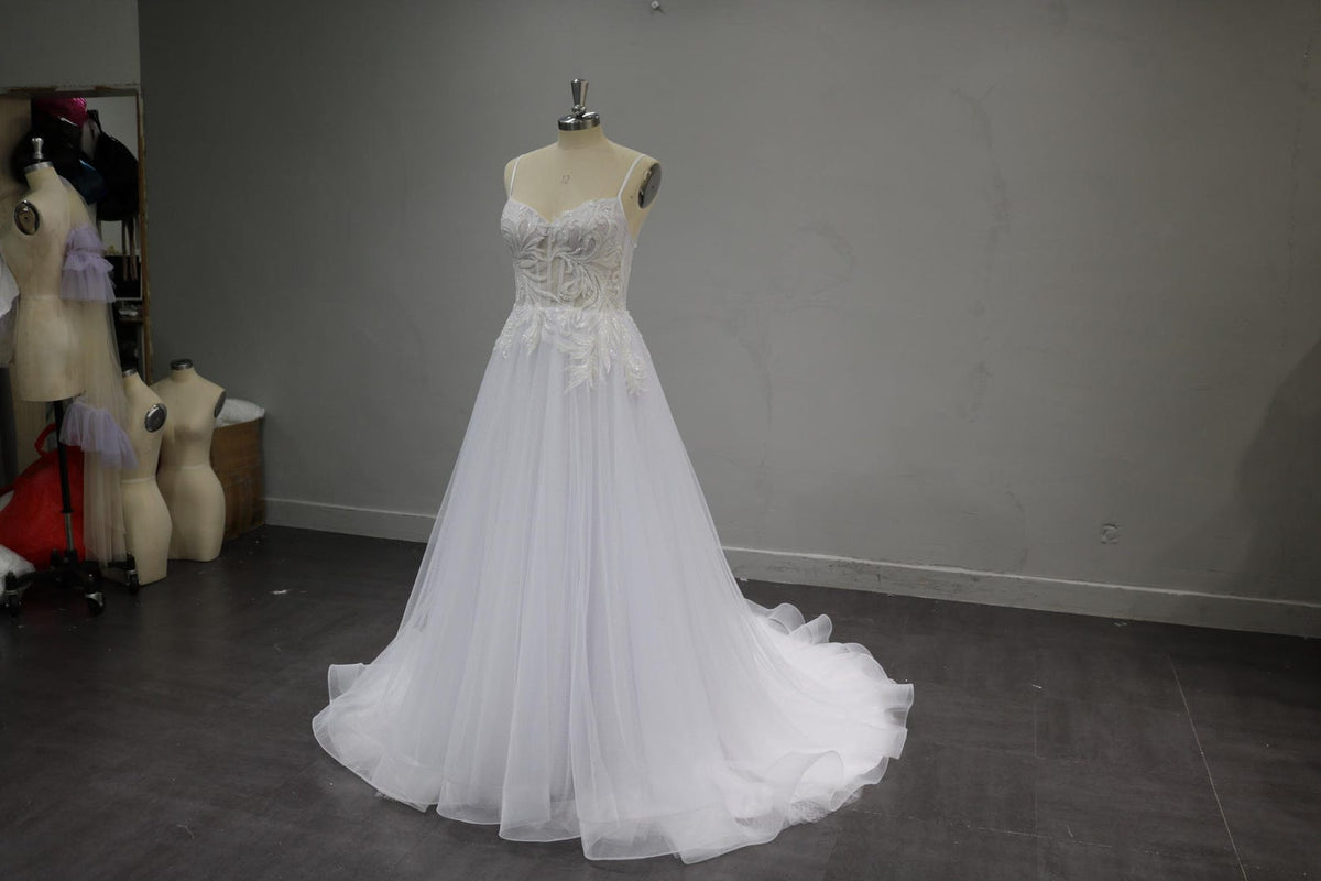 Spaghetti Strap A-Line Wedding Dress, Beaded Lace Bridal Gown, Sheer Bodice Tulle Wedding Dress with Train