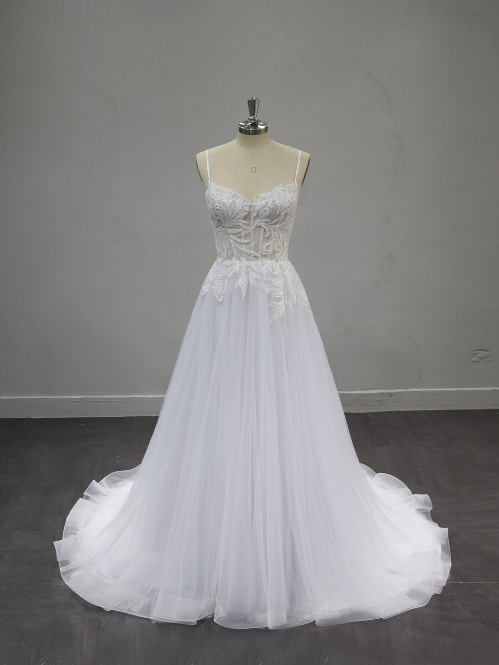 Spaghetti Strap A-Line Wedding Dress, Beaded Lace Bridal Gown, Sheer Bodice Tulle Wedding Dress with Train