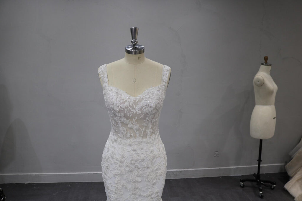 Sweetheart Mermaid Wedding Dress, Lace Applique Bridal Gown, Sleeveless Sheer Bodice Tulle Gown with Train
