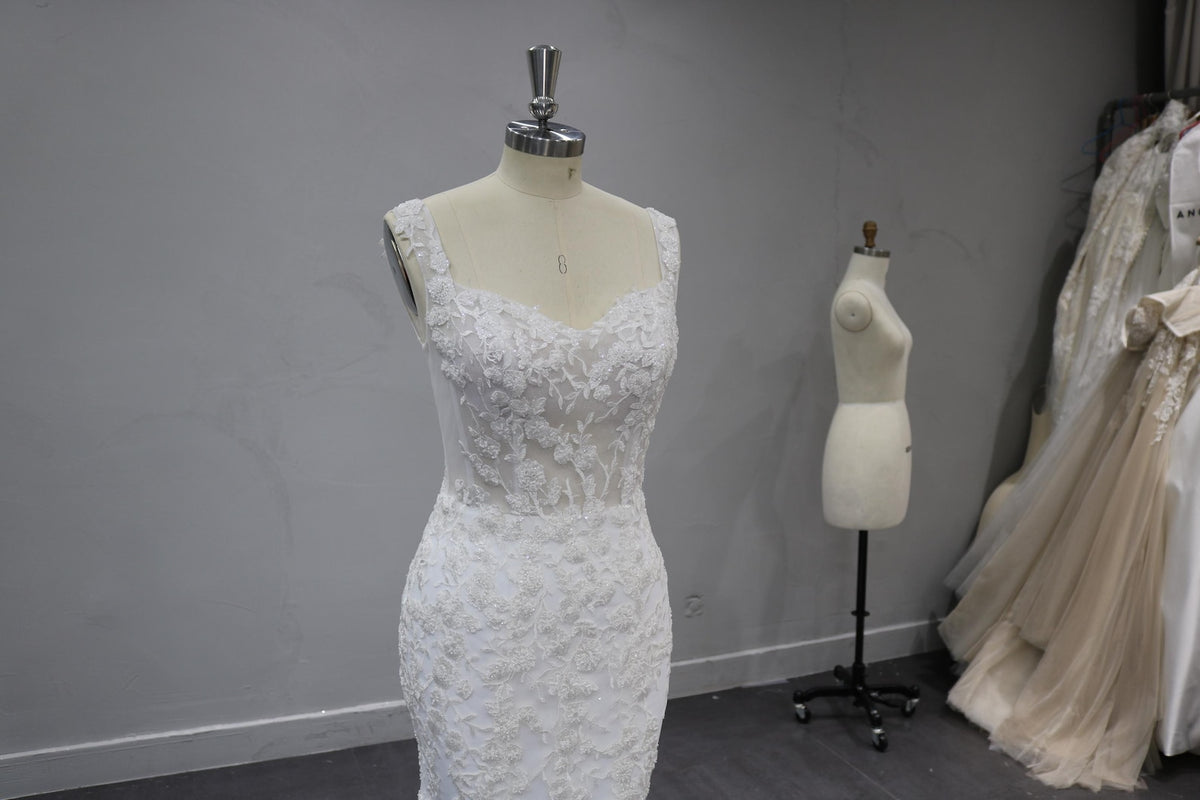 Sweetheart Mermaid Wedding Dress, Lace Applique Bridal Gown, Sleeveless Sheer Bodice Tulle Gown with Train