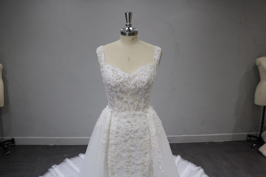 Sweetheart Mermaid Wedding Dress, Lace Applique Bridal Gown, Sleeveless Sheer Bodice Tulle Gown with Train