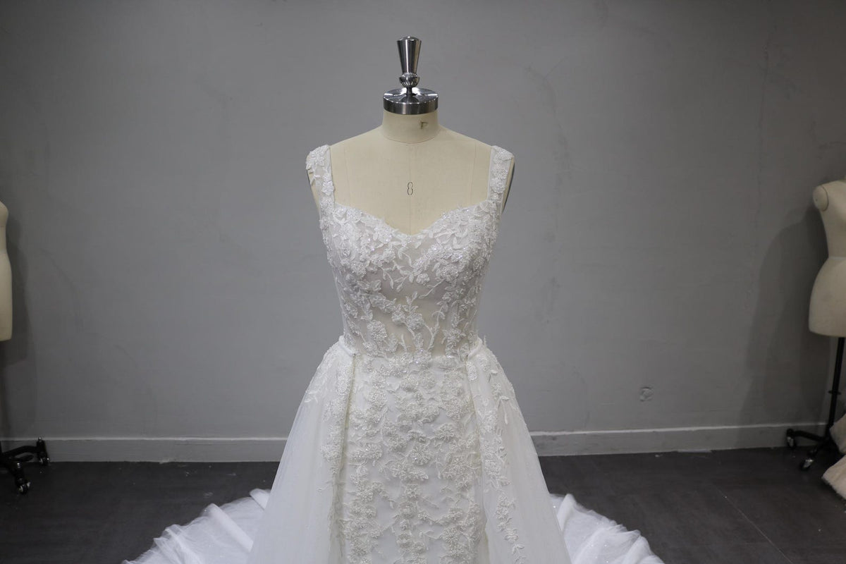 Sweetheart Mermaid Wedding Dress, Lace Applique Bridal Gown, Sleeveless Sheer Bodice Tulle Gown with Train