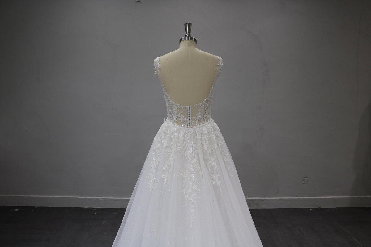 Sweetheart Mermaid Wedding Dress, Lace Applique Bridal Gown, Sleeveless Sheer Bodice Tulle Gown with Train