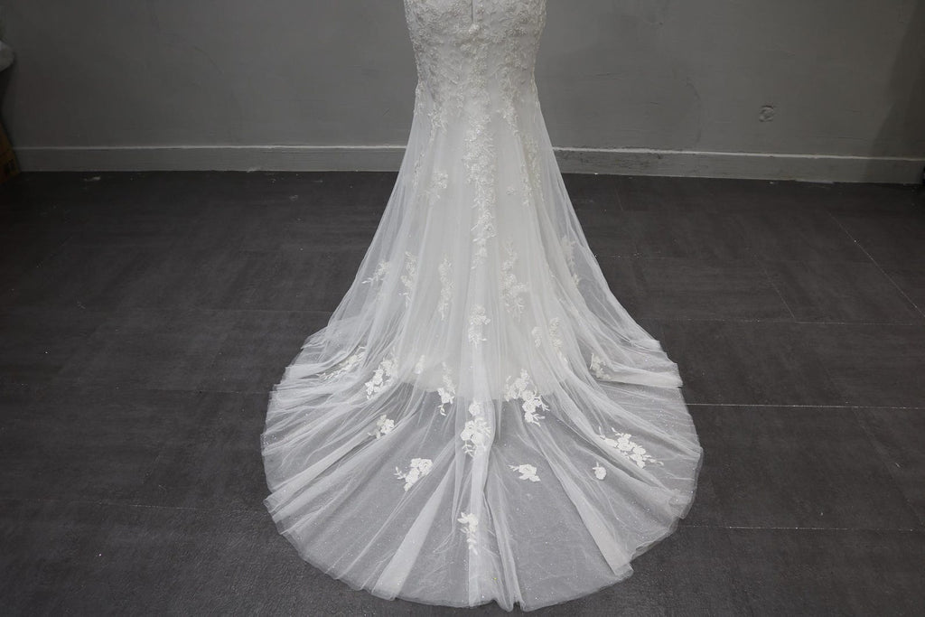 Sweetheart Mermaid Wedding Dress, Lace Applique Bridal Gown, Sleeveless Sheer Bodice Tulle Gown with Train