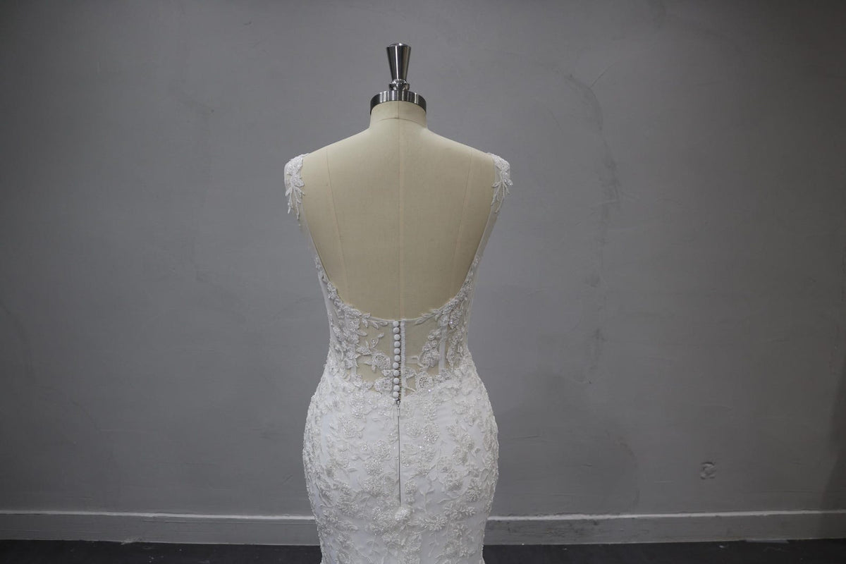 Sweetheart Mermaid Wedding Dress, Lace Applique Bridal Gown, Sleeveless Sheer Bodice Tulle Gown with Train