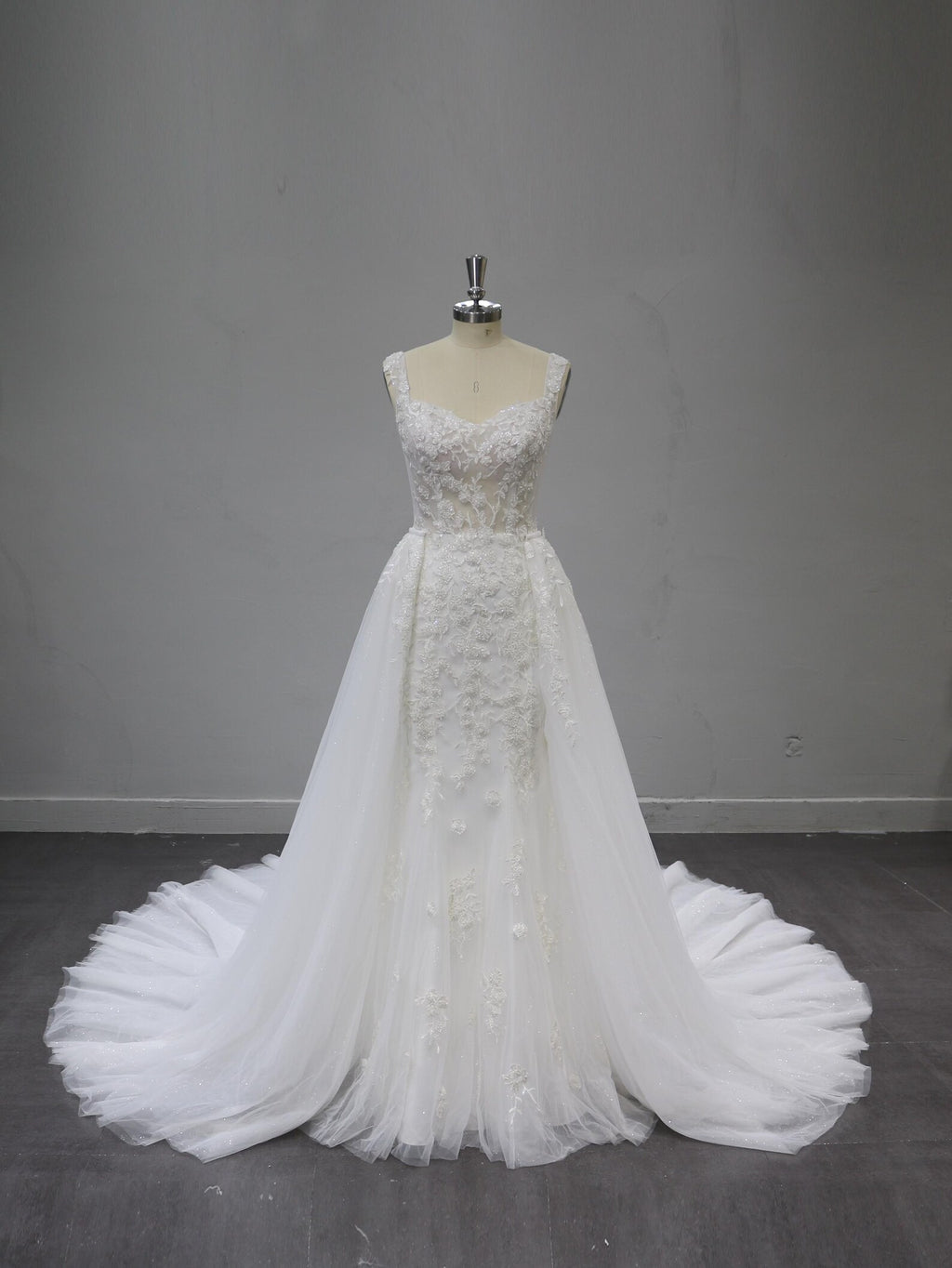 Sweetheart Mermaid Wedding Dress, Lace Applique Bridal Gown, Sleeveless Sheer Bodice Tulle Gown with Train